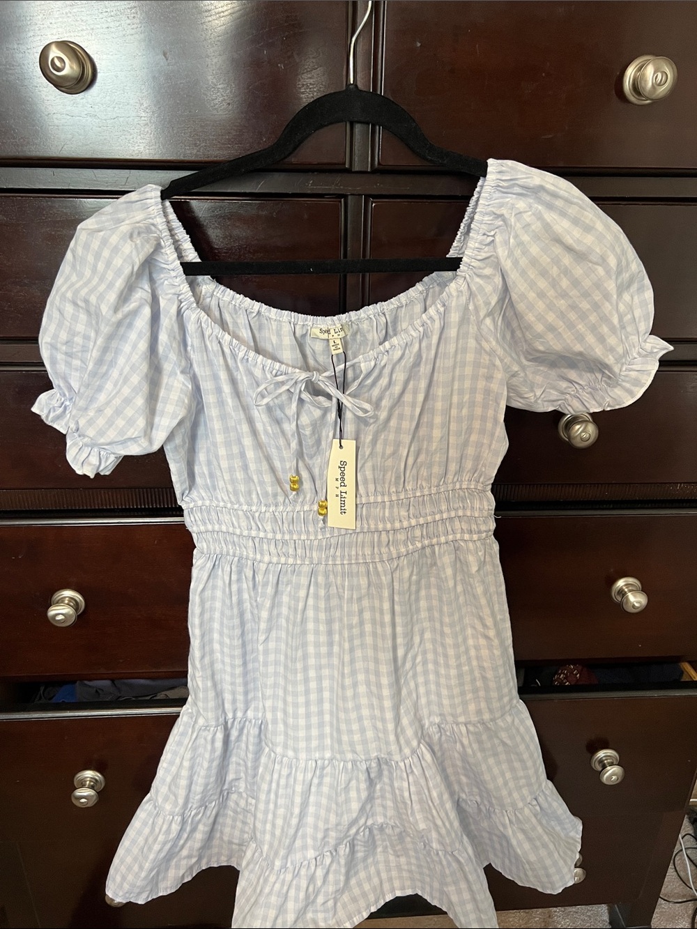 Sweet Pea Light Blue Gingham Puff-Sleeve Tiered Dress